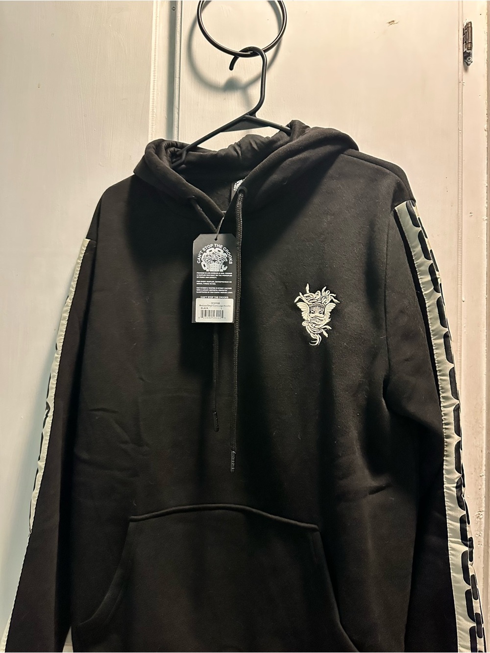 Crooks & Castles Black Hoodie with White Sleeve Stripe and Chest Emblem